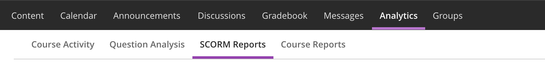 The SCORM reports tab in the Analytics area.